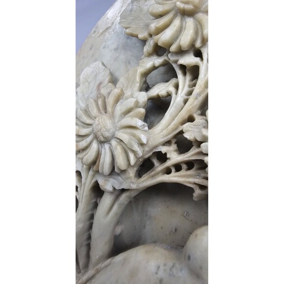 Vintage Chinese Hand Carved Soapstone Birds & Floral Motif Sculpture 8.5" Flaws - Picture 4 of 15